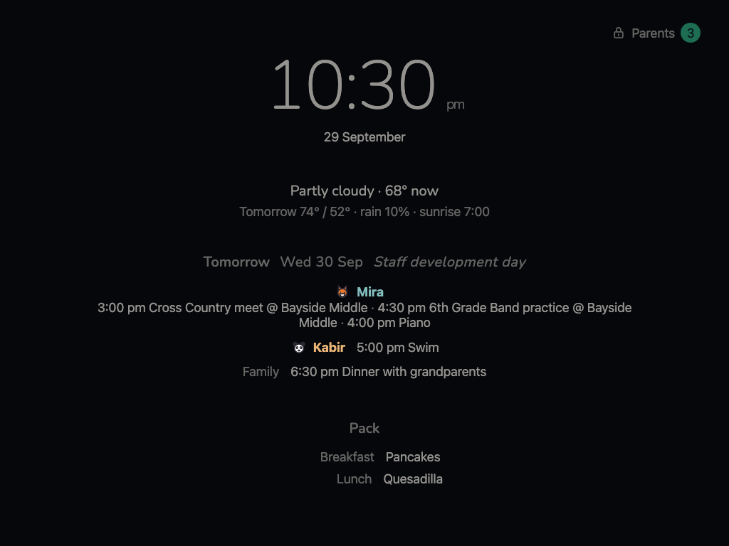 After ten the wall goes quiet: the time, tomorrow's weather, tomorrow's plan, and what to pack.